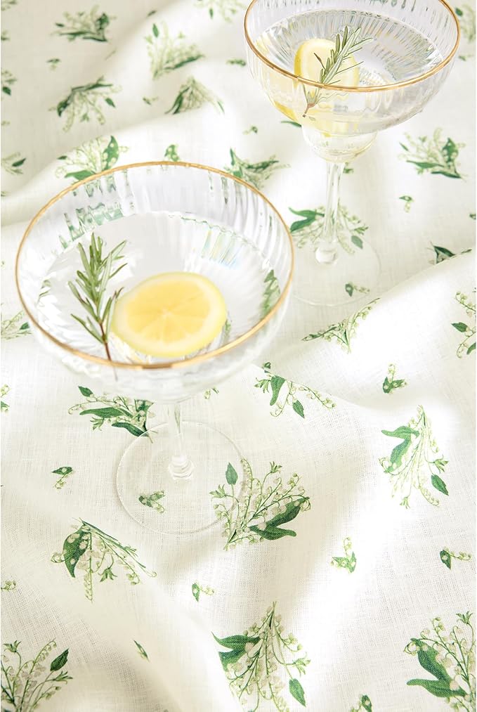 Solino Home Lily Floral Print Table Runner 60 inch - 100% Pure Linen Table Runner 14 x 60 Inch - Machine Washable - Lily of The Valley/Off White Print