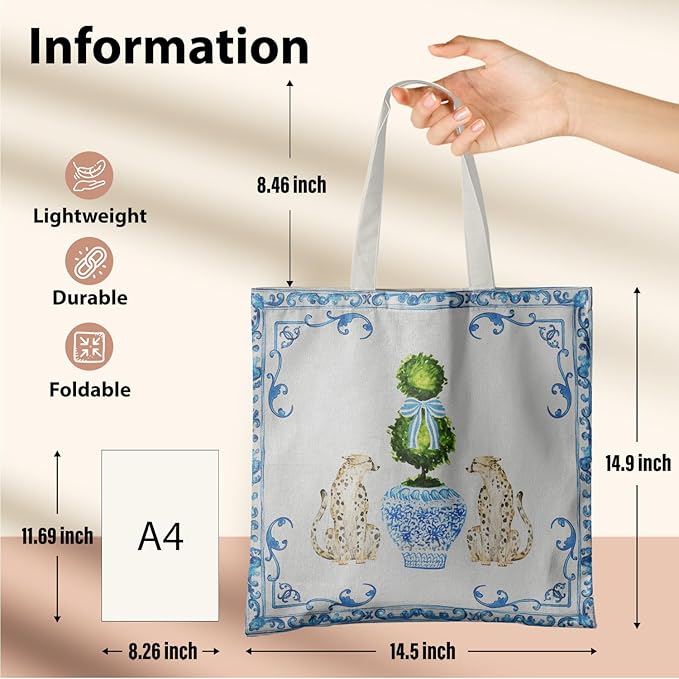 Blue and White Chinoiserie Prints Canvas Tote Bag for Women, Reusable Folding Shopping Bags with Handles