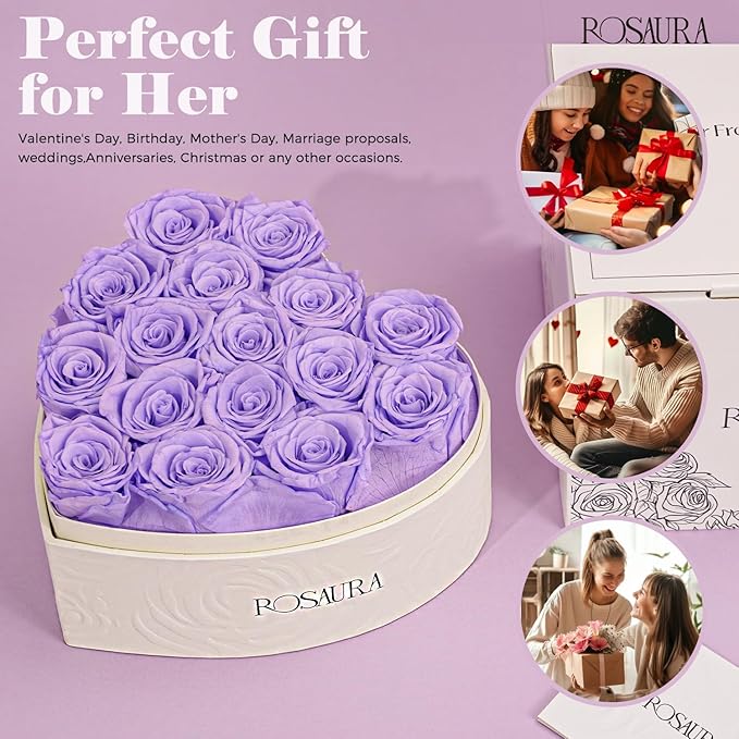 Rosaura Heart-Shaped Preserved Roses Gift Box - Real Forever Flowers for Birthday, Valentine's & Mother's Day (Light Purple, 16 Roses)