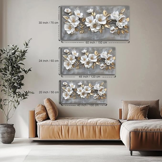 LAVIKARS Modern Gray Flowers Wall Art for Living Room Office White and Golden Floral Landscape Canvas Painting Prints Large Delicate Petals Artwork Kitchen Home Bedroom Decor (23x46 Inches)