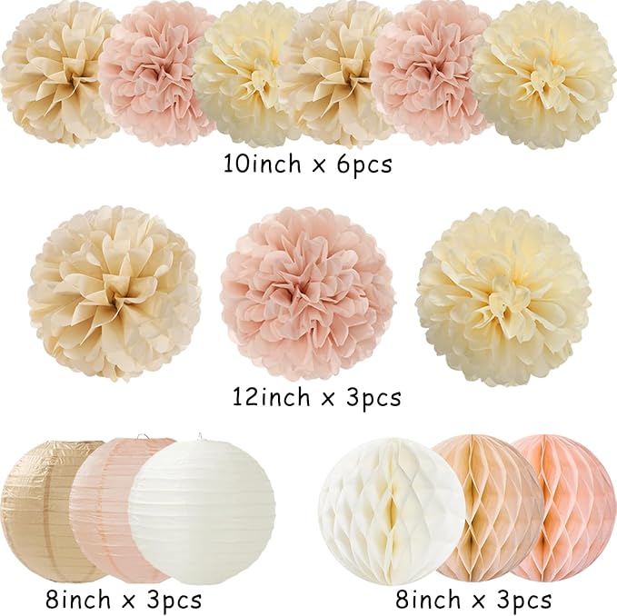 Champagne Beige Paper Flowers Tissue Pom Poms Honeycomb Lanterns 15pcs Party Decorations for Boho Fall Rustic Birthday Baby Shower Neutral Autumn Wedding Bridal Hanging Decor Mprocherify
