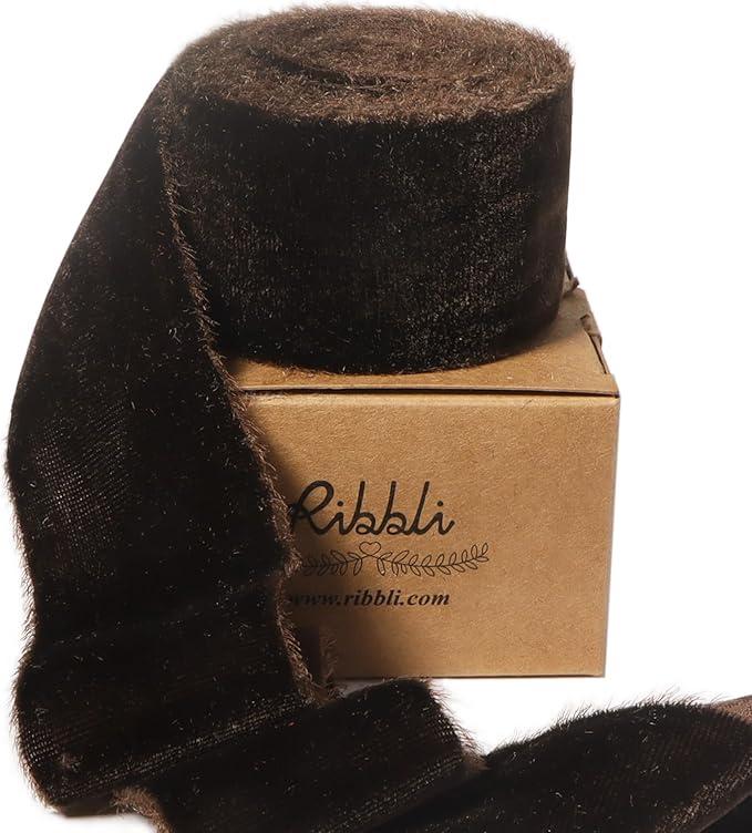 Ribbli Dark Brown Velvet Ribbon 1.5 Inch Handmade Frayed Vintage Christmas Ribbon for Gift Wrapping Christmas Tree Ornament Wreath Craft Home Decor -3 Yards
