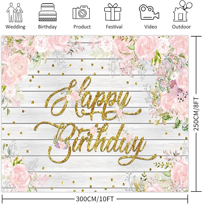 Rustic Wood Flower Happy Birthday Backdrops, 10x8ft, Pink Floral Birthday Photography Backgrounds Sign Banner Party Decorations for Girl Women