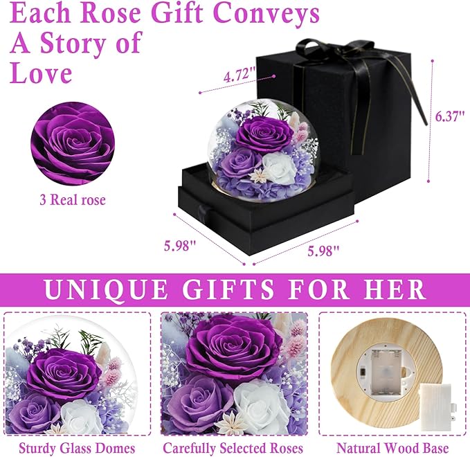 FIACO Gifts for Women Christmas Preserved Rose Forever Fresh Flowers for Delivery Birthday Flowers Gifts for Mom Grandma Wife Friends Purple Eternal Roses in Glass Dome