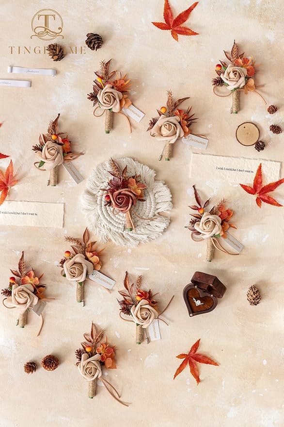 TINGE TIME Boutonniere for Men, Groom and Best Man Boutonniere for Wedding Ceremony Anniversary, Formal Dinner Party and Rustic Fall Wedding Marriage (Maple Red)