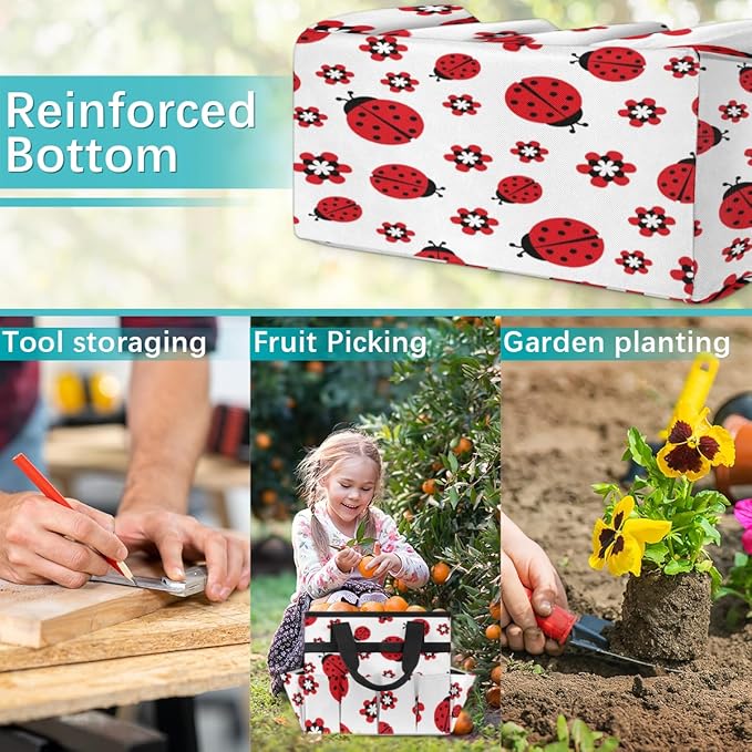 Ladybug Flower Garden Tool Tote Bag for Women Men Gardening Tool Storage Bags with 10 Pockets Standable Garden Home Tool Kits Organizer for Indoor Outdoor Gardening Gifts