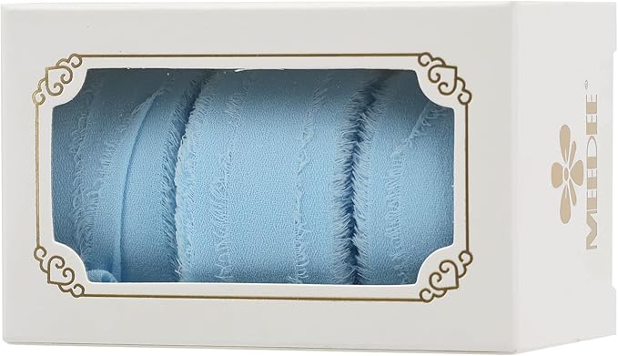 MEEDEE Light Blue Chiffon Ribbon 1 Inch Fringe Ribbons Baby Blue Chiffon Silk Frayed Edge Ribbon Thin Chiffon Ribbons for Crafts, Gift Wrapping, Wedding Invitation (3 Rolls 21 Yards)