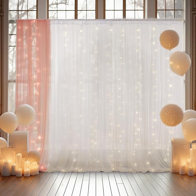 30x10ft White Tulle Backdrop Curtain with Lights String for Parites, Sheer Backdrop Curtains for Wedding Baby Shower Birthday Party Photo Shoot Decorations