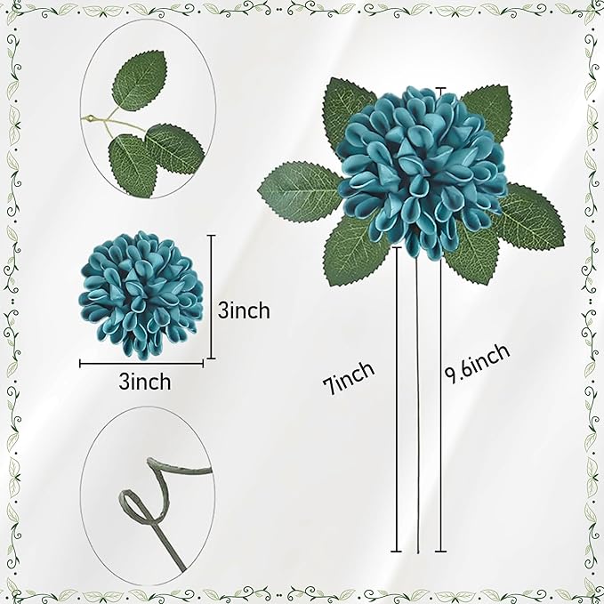 Artificial Flowers, 25pcs Artificial Rose for DIY Wedding Bouquets Centerpieces Arrangements, Dark Teal Dahlia Flowers with Stem for Bridal Shower Party Home Decorations