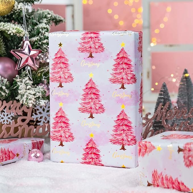 MAYPLUSS Christmas Wrapping Paper Roll, 17IN X 16.5FT Pink Gift Wrapping Paper Featuring Christmas Tree Little Star Reversible Cut Lines for Kids Holiday New Year