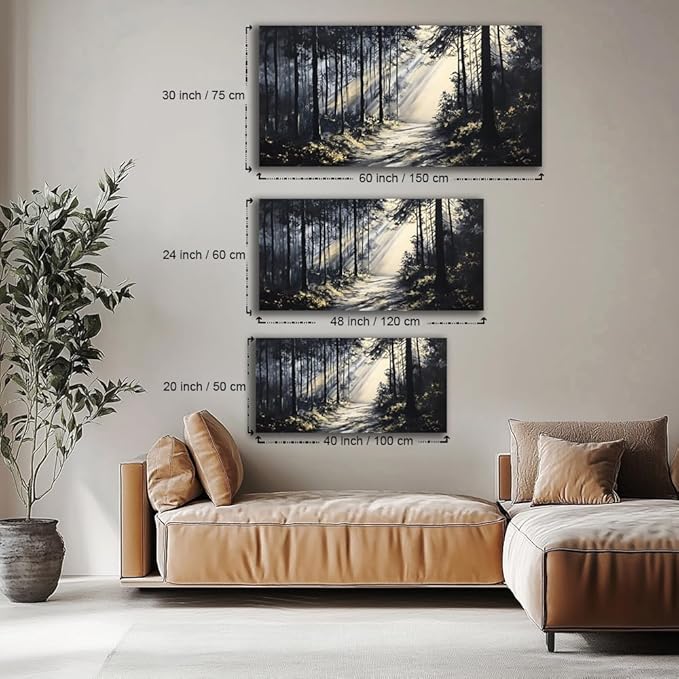 LAVIKARS Rustic Sunlight Forest Wall Art for Living Room Office Black and White Modern Landscape Canvas Painting Prints Large Nature Artwork Home Kitchen Bedroom Decor (23x46 Inches)