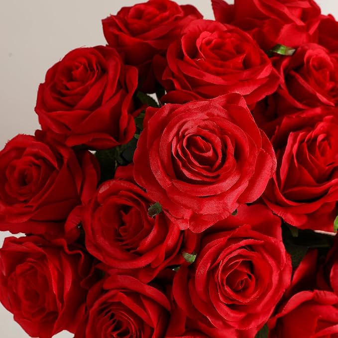 Kisflower 80 Pcs Red Roses Artificial Flowers Bulk, Silk Roses with Stems Real Look Artificial Red Roses for Decoration DIY Wedding Bouquet Bridal Shower Party Home Table Centerpieces Decor (Red)