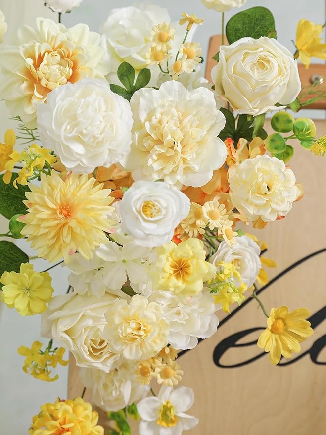 Artificial Flowers Combo Box Set White Yellow Roses Dahlia Fake Silk Flowers with Stems for DIY Wedding Bridal Bouquets,Floral Arrangement,Table Centerpieces,Baby Shower,Home Decorations