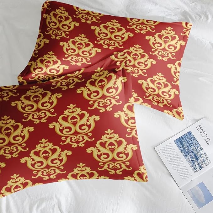 Comforter Set Twin Size, Vintage Floral Gold 5 Pcs Bedding for Kids and Adults, Medieval Burgundy Red Bed Sheet Sets with Fitted Sheet Pillowcase & Sham for Bedroom Bed Decor