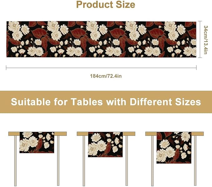 Vintage Flowers Table Runner,Boho Red Gold Floral Plant Print Art Table Runner for Home Kitchen Table Dining Indoor Outdoor Party Decor 13x60 Inch