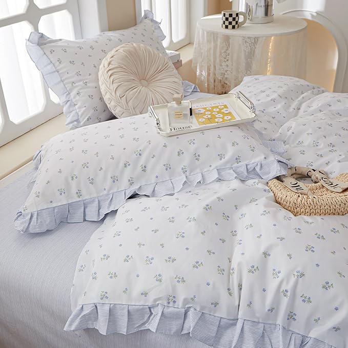Blue Floral Duvet Cover Full Cute Flower Ruffle Duvet Cover White Soft 100% Cotton Lace Comforter Cover Floral Print Girls Princess Bedding Sets Vintage Botanical Flower Duvet Cover with 2 Pillowcases
