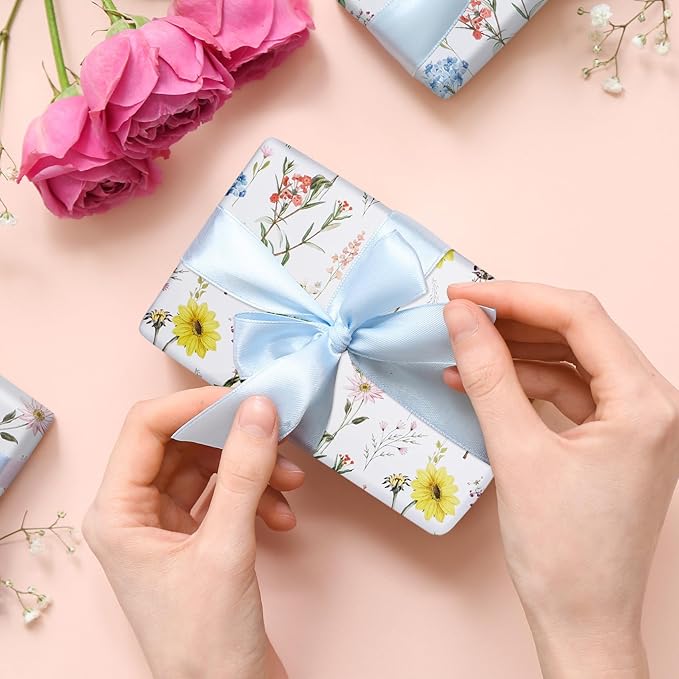 RayofSun Floral Wrapping Paper Roll 17 in x 16.5 ft Mini Roll Yellow Flower Wildflowers Plants Gift Wrap Paper for All Occasion Wedding Birthday Bridal Shower Party Baby Shower Christmas