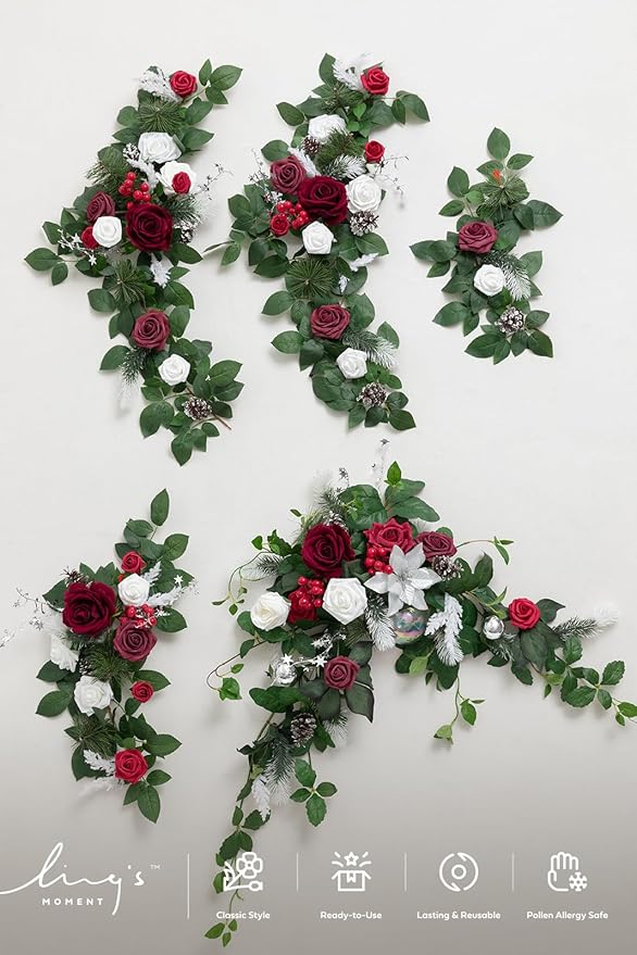 Ling's moment Christmas Eucalyptus Garland with Flowers 6FT,Table Runner with Flowers Marsala Mantle Decor Handcrafted Wedding Centerpieces for Rehearsal Dinner Bridal Shower | Red & White