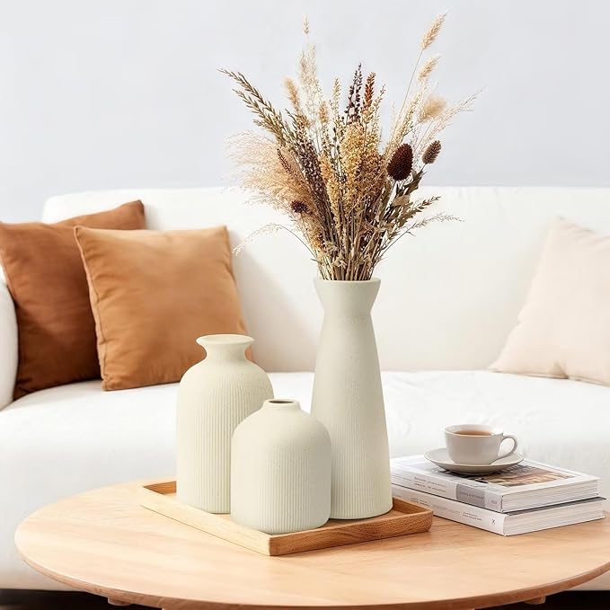 Christmas Ceramic Flower Vases Set of 3, Large Xmas Gift Vases with Vertical Stripe Texture, Modern Decorative Vases for Dried Flowers, Home Decor for Living Room Bedroom Kitchen Shelf(Beige)