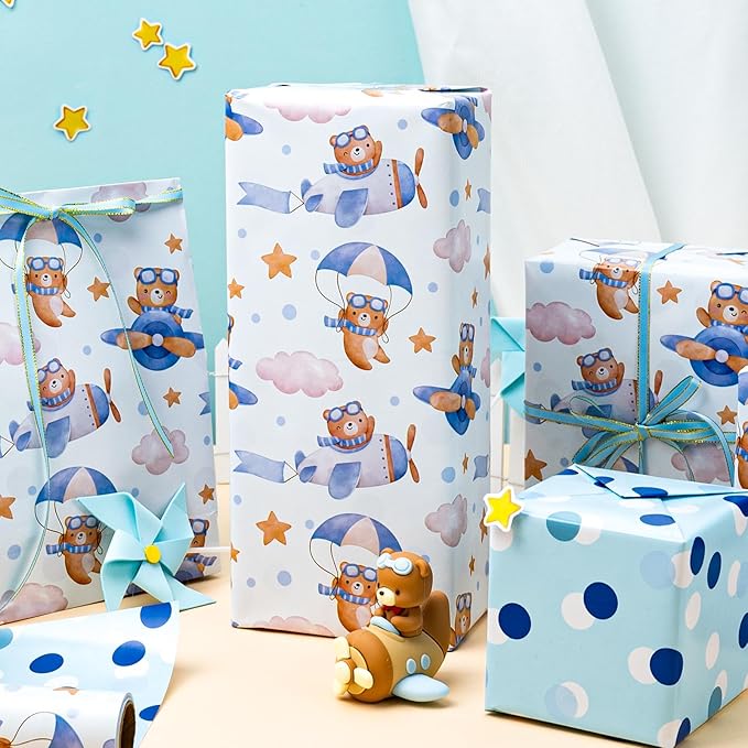 Homeral Baby Shower Wrapping Paper Roll - Adorable Blue Pilot Bear Design, Reversible Gift Wrap for Boys Birthday, Gender Reveal - Stars, Dots, Airplane and Parachute - 17 Inch x 16.5 Feet