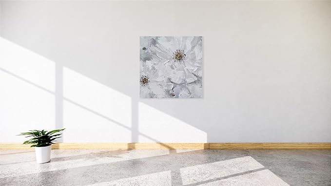 SYGALLERIER White and Gray Flower Blooms Wall Art - Handcrafted Floral Canvas with Gold Foil Embellishments Modern Flower Wall Decor for Livingroom Bedroom Bathroom 24X24