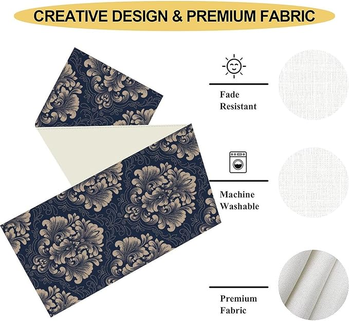Vintage Damask Table Runner, Blue Classical Luxury Old Fashioned Damask Royal Victorian Flora Print Table Center Decor for Family Kitchen Table Decorations Indoor Outdoor 13x72 inch
