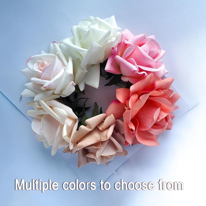 Artificial flower real touch roses feel and look realistic fake roses with short stems, suitable for gift, for wife girlfriend mom friends, Indoor home table,cake, hotel, car decoration (pink)
