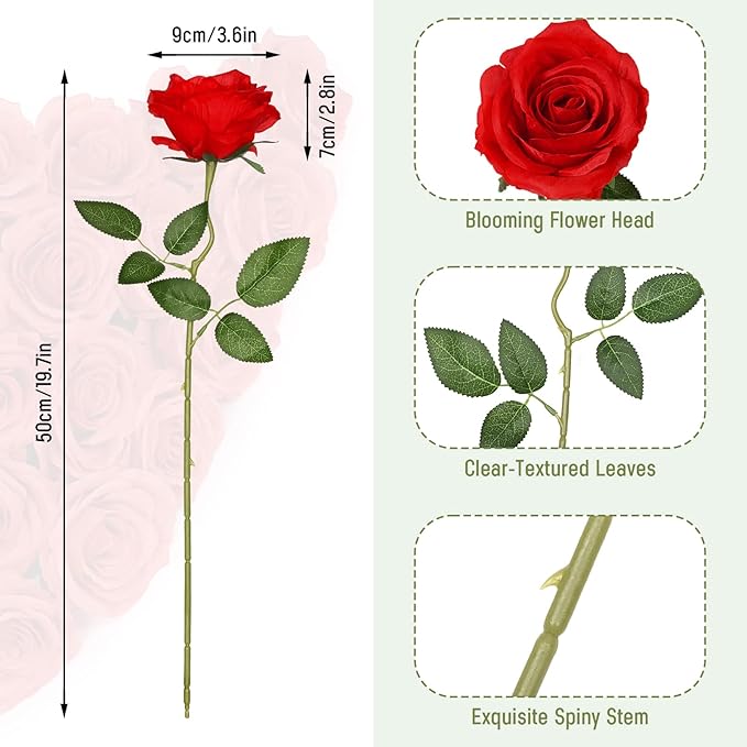 Waipfaru 8 Pcs Fake Red Roses Artificial Flowers Bulk, Real Touch Silk Faux Roses with Long Stems for Wedding Bouquet Vase Flower Arrangement (Red)