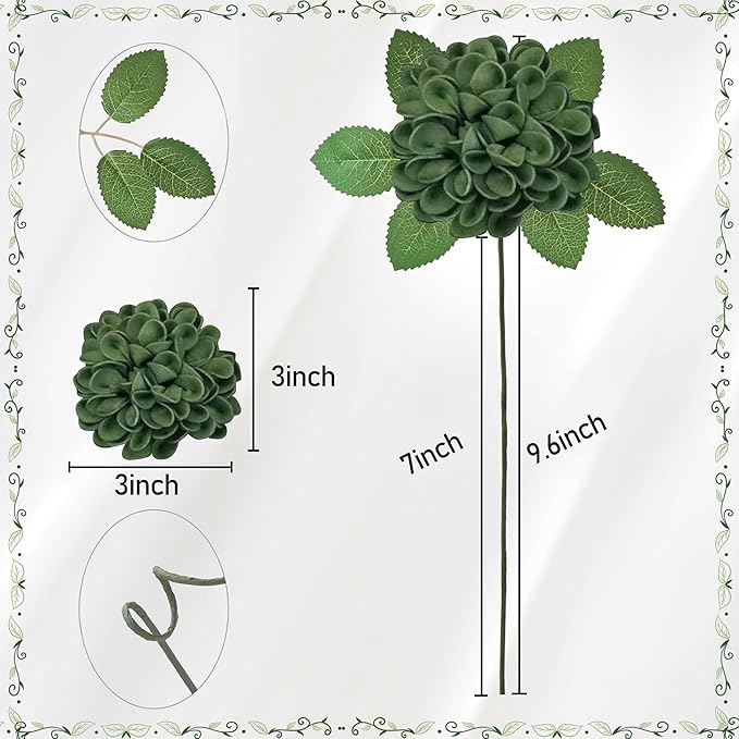 Artificial Flowers, 100pcs Realistic Artificial Rose for DIY Wedding Bouquets Centerpieces Arrangements, Hunter Green and Mint Green Dahlia Flowers with Stem for Bridal Shower Party Home