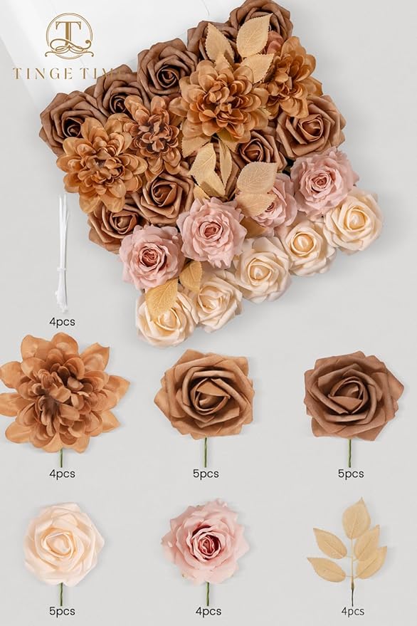 TINGE TIME Artificial Flowers Combo Set, Gradient Color Flower Leaf with Stems for DIY Wedding Bouquets Centerpieces Baby Shower Party Home Decorations(Dark Milk Tea)