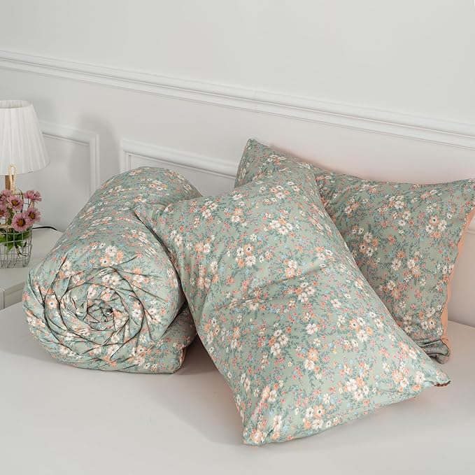 Floral Queen Comforter Set 3 Pieces Soft Chic Garden Style Vintage Floral Print Lightweight Botanical Flower Comforter Set for All Seasons 1 Comforter and 2 Pillowcases (Queen)