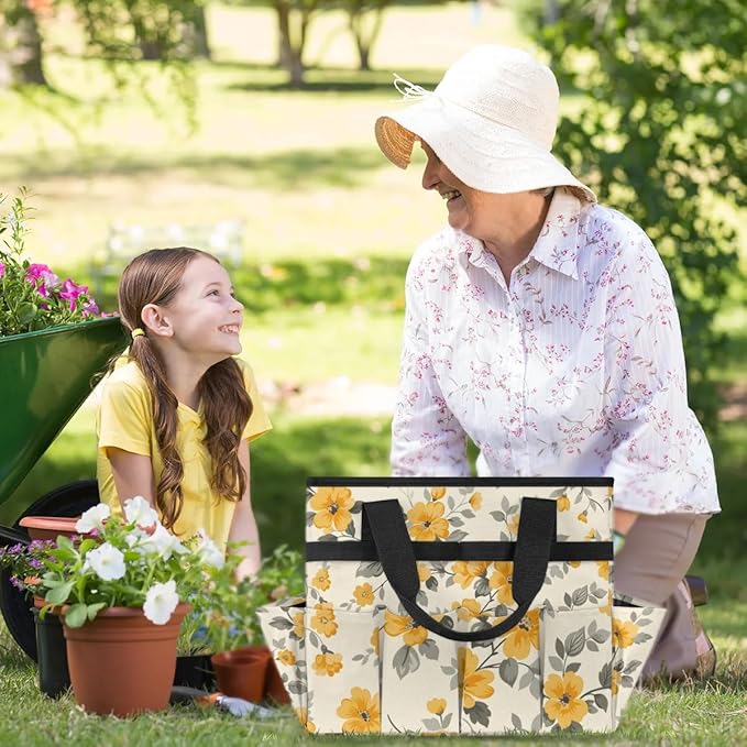 Garden Tool Bag Organizer Garden Tote Bag with Pockets Patterned Floral Print Tool Storage Organizer Gardening Tool Kit Holder 13" x 6.8" x 2.8"