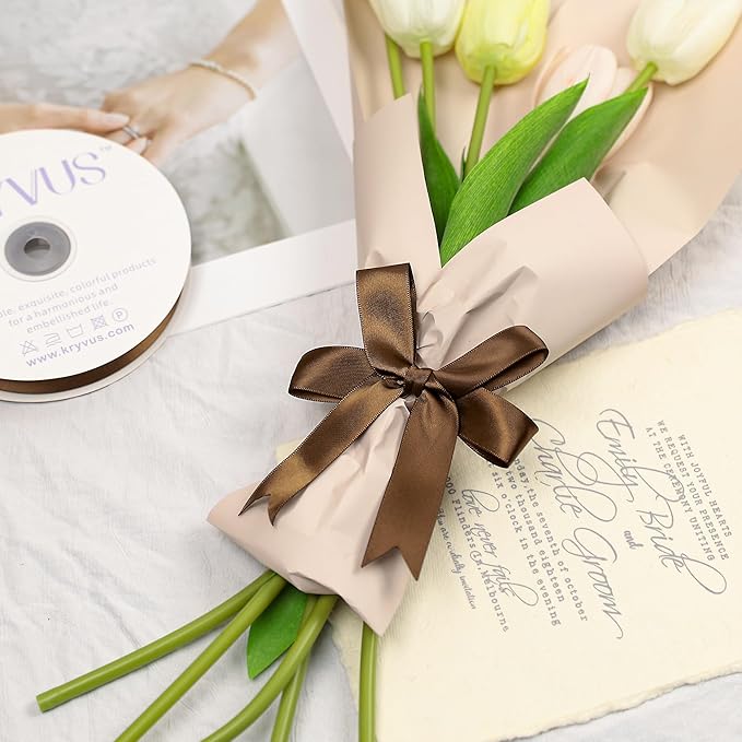 Double Faced Brown Satin Ribbon, 7/8 Inch X 25 Yards Polyester Ribbon for Gift Package Wrapping, Crafts, Bow Making, Sewing, Flower Bouquet, Wedding Party Decor
