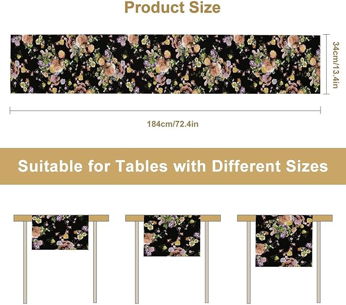 Vintage Floral Table Runner,Gothic Retro Flowers Spring Summer Seasonal Table Runner for Home Kitchen Table Dining Indoor Outdoor Party Decor 13x60 Inch