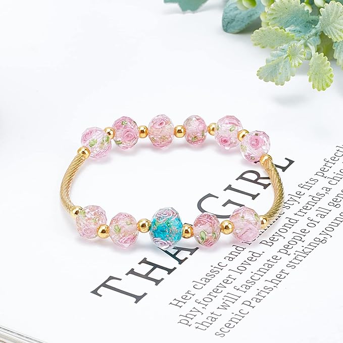 PH PandaHall 60pcs 8~10mm Pink Rose Lampwork Beads Gold Sand Glass Beads Flower Glass Beads 1.5~2mm Hole Floral Handmade Lampwork Beads Round Loose Beads for Rosary Making Jewelry Craft Making