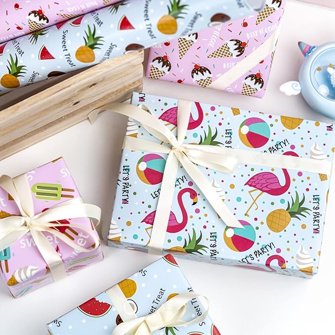 WRAPAHOLIC Summer Wrapping Paper Sheet - 12 Sheets Flamingo Design Folded Flat for Birthday, Party, Baby Showers - 19.7 Inch X 30 Inch Per Sheet