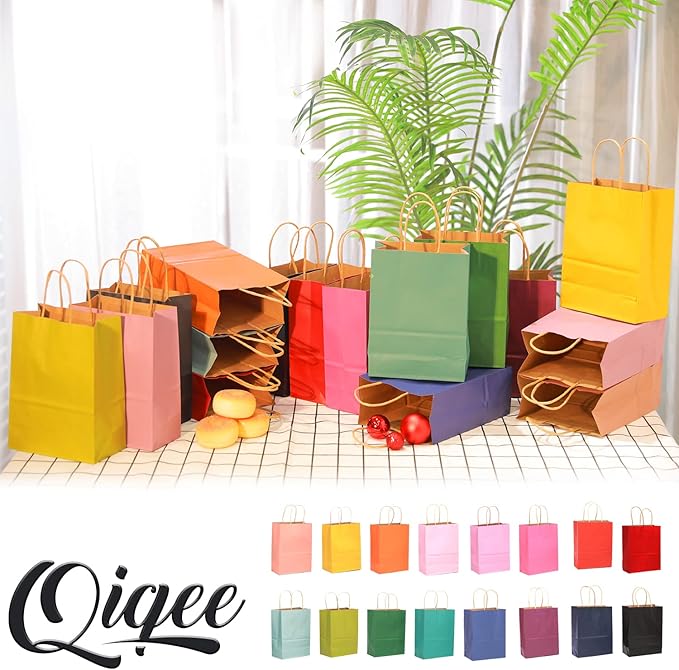 qiqee Large Kraft Paper Bags with Handles Bulk 13"x10"x5" 32-Packs Gift Bags 16 Different Senior Color Bags Multiple Uses(Large Size)