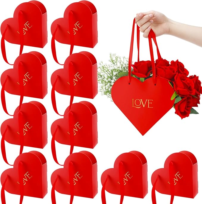 Kolldenn 12 Pcs Heart Shaped Flowers Boxes Christmas Bouquet Storage Bucket Valentine's Day Floral Boxes for Arrangements Paper Floral Bag with Handle Basket Handbag for Florist Bridal Shower(Red)