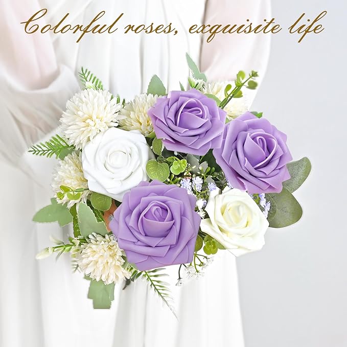 BLEUM CADE 16Pcs Artificial Flowers Fake Roses with Stems, Purple Boxed Foam Roses for DIY Bouquets Centerpieces Wedding Party Arrangement Bridal Shower Decor