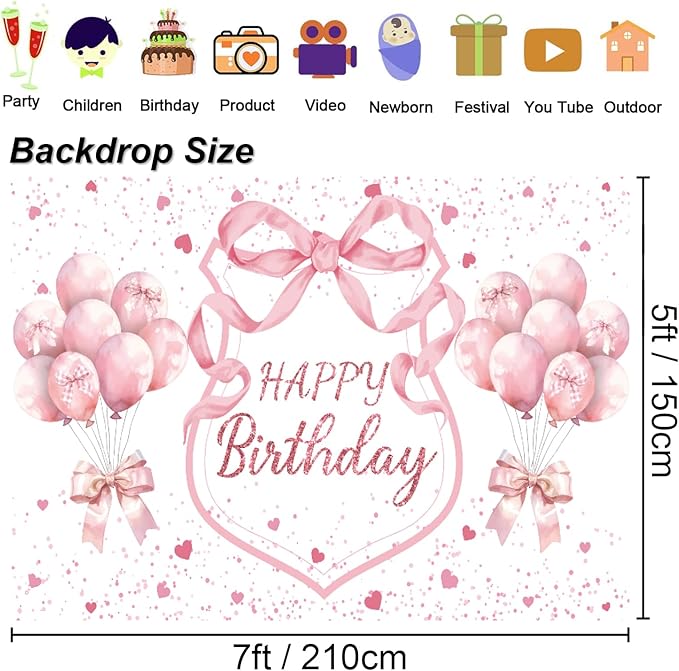 Pink Coquette Birthday Backdrop Decorations Pink Bows and Glitter Balloons Theme Background for Girls Women, Romantic Party Photo Banner for Bachelorette Birthday Decor 7x5ft