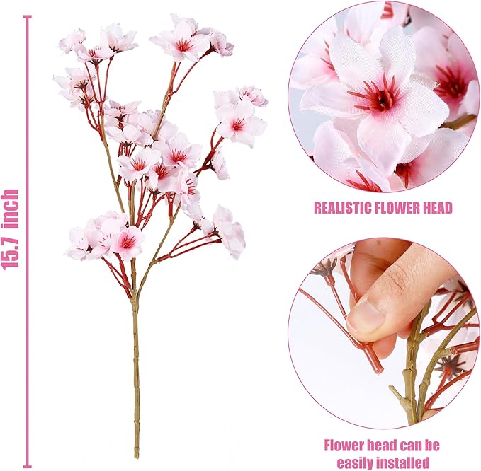 Sggvecsy Artificial Cherry Blossom Flowers 6 Pcs Faux Cherry Blossom Stems Faux Silk Cherry Blossom Branches 15.7’’ Fake Peach Flowers for Vase Arrangements Home Wedding Table Decor (Pink)