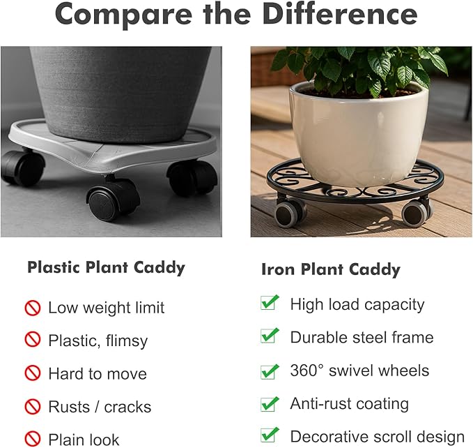 5 Pack Plant Caddy with Wheels Heavy Duty 13.5 Inches Metal Plant Stand with Wheels Plant Dolly Rolling Plant Stand Plant Roller with Casters for Indoor and Outdoor, Black