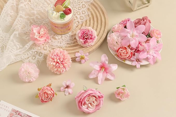 Fake Flower Heads for Crafts - Pink Silk Artificial Roses, Peonies, Daisies & Mini Floral Heads Bulk (48-Pack) for Wedding Decor, Graduation Cap, Cake Topper, Baby Shower, Home Decoration