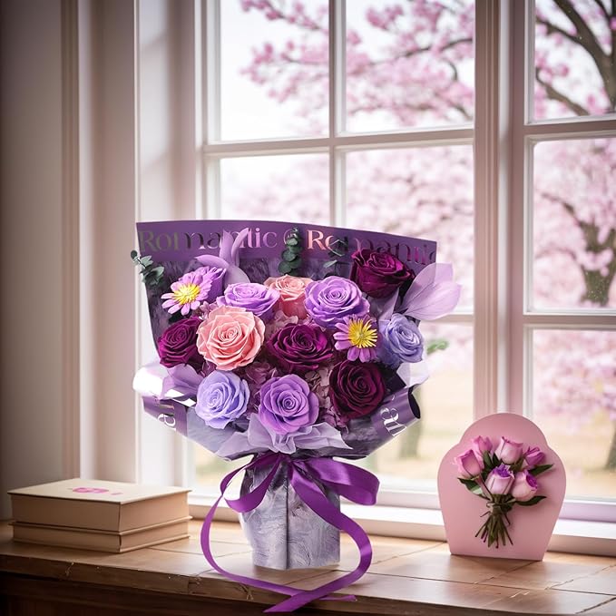 Flowers for Delivery Birthday Flowers Gift for Her,Preserved Flowers Bouquet 12 Roses Mixed Bouquet,Rose Gifts for Women Mom Grandma(Mixed 12 Lilac Roses)