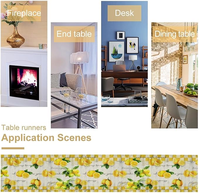 Lemon Table Runner , Summer Yellow Fruits Green Leaves Kitchen Dinning Table Decoration for Indoor Outdoor Home Party Decor 13x70 in