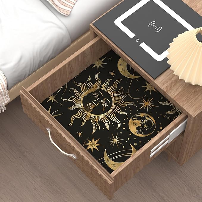 Black Peel and Stick Removable Vintage Wallpaper Gold Celestial Sun Moon Star Contact Paper 17.5" x 393" Dark Boho Mural Waterproof for Wall Bedroom Kitchen Bathroom Cabinet Room Decor