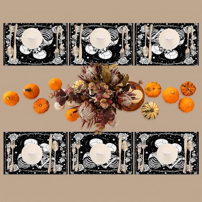 Halloween Skull Goth Flower Placemats Set of 1 PVC Vinyl Non Slip Table Mats Heat Resistant Place Mats Washable Wipeable Dining Table Mat for Kitchen Decor Party Indoor Outdoor Decorative Gift