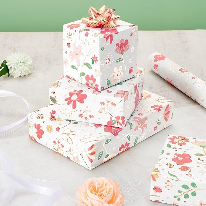 WERNNSAI Pink Floral Wrapping Paper - 1 Roll 17”x 33 ft Vintage Daisy Flower Gift Wrapping Bridal Shower Wrapping Paper for Kids Birthday Wedding Party Baby Shower Supply Reversible Metallic Foil Dots Design