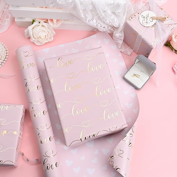 Burymento Pink Love Wrapping Paper, Reversible Pink Heart Gift Wrap for Birthday, Valentines, Mothers day, Graduation, Wedding, Fathers day, Baby Shower, Christmas (17in x 32.8ft)