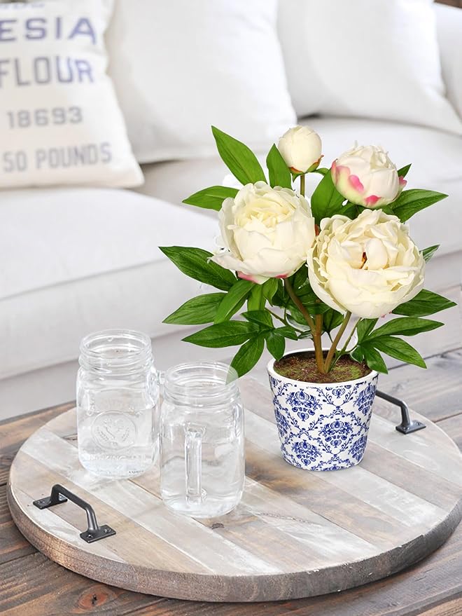 Briful Faux Peony Flowers in Blue and White Ceramic Pot 13.8" Realistic Silk Peonies Artificial Peony Floral Arrangement Fake Potted Flowers for Home Office Room Desk Shelf Decoration(White)